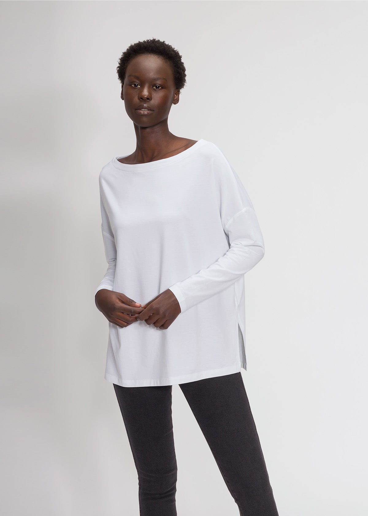 Washed Cotton Crew Neck Long-Sleeve T-Shirt (Oversized)