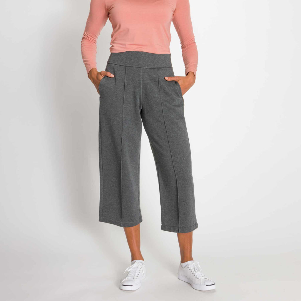 Pants - Women's High Waisted Wide Leg Pant in Charcoal Grey, on model facing front