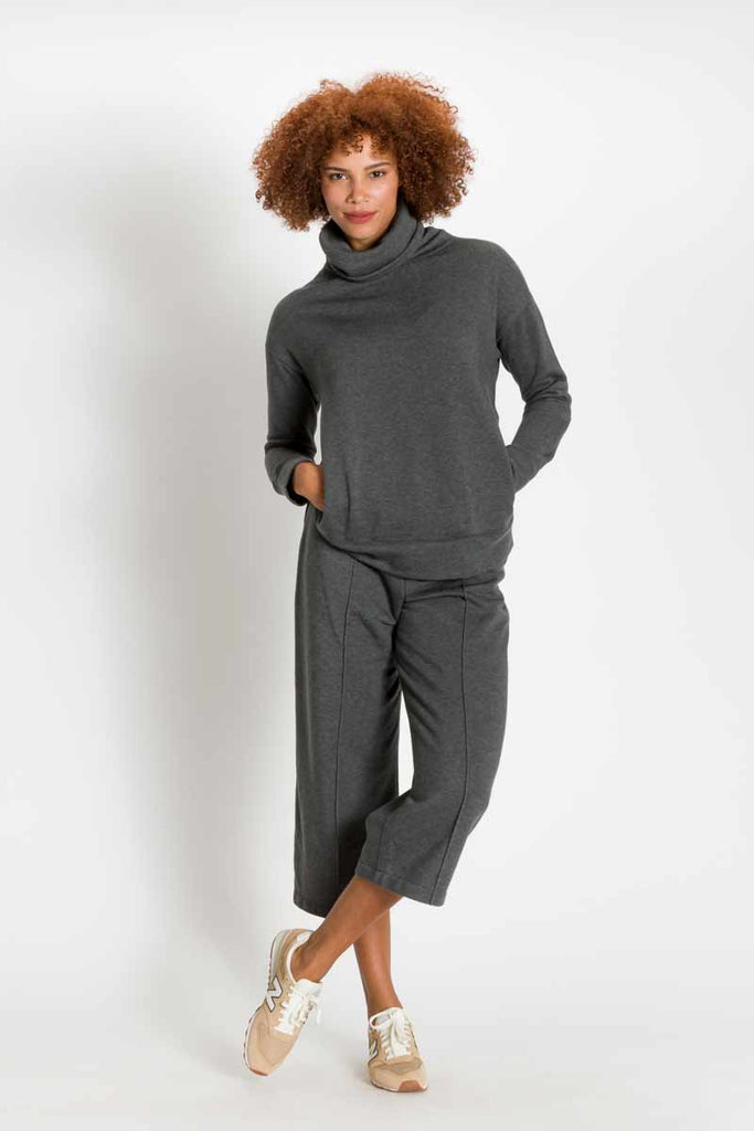 Pants - Women's High Waisted Wide Leg Pant in Charcoal Grey, on model full body