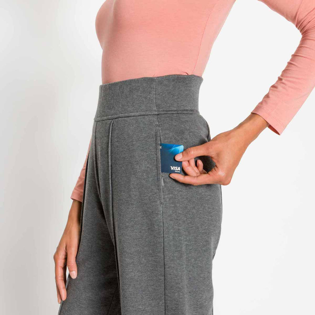 Pants - Women's High Waisted Wide Leg Pant in Charcoal Grey, on model hidden, zip pocket