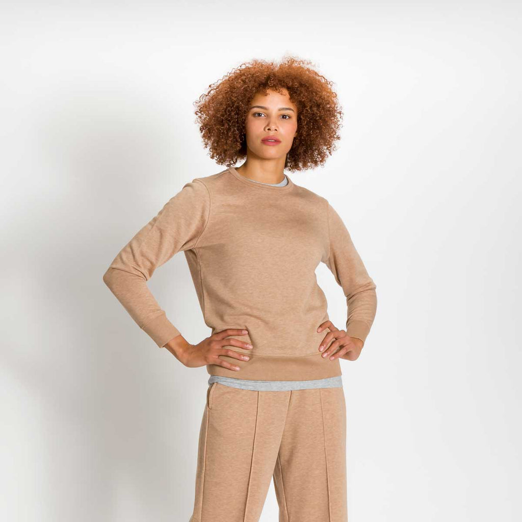 Sweatshirt - Women's Classic Crewneck Sweatshirt in Camel on model