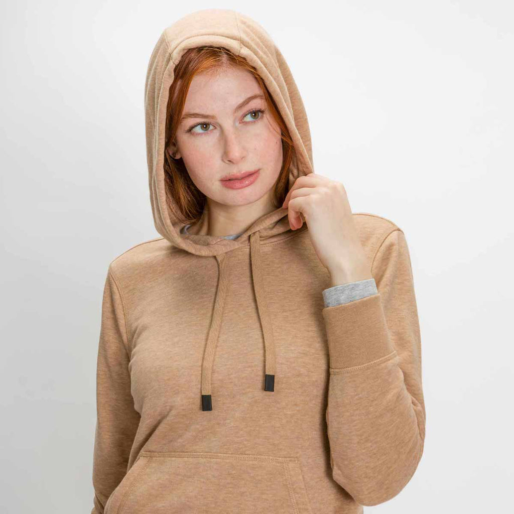 Sweatshirt - Women's Classic Hoodie in Camel on model with Hood Up