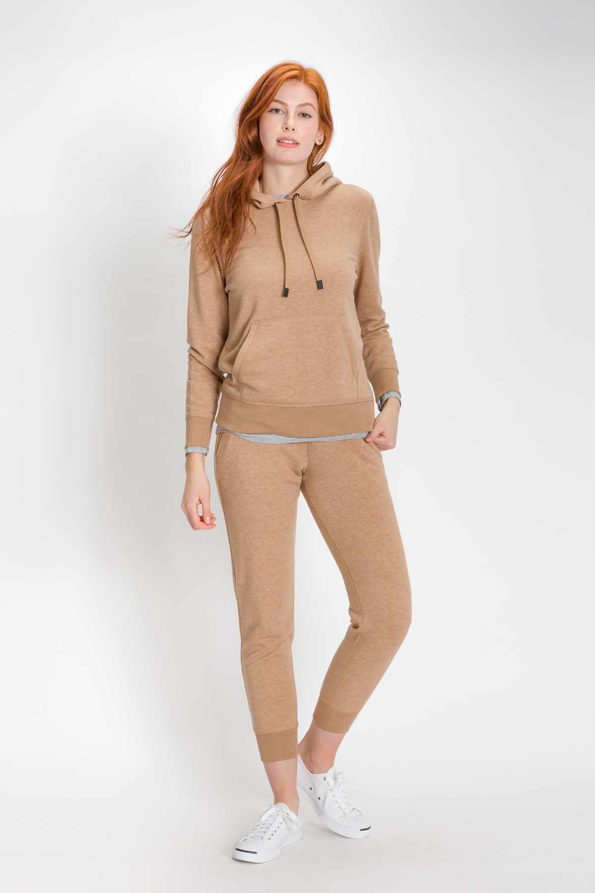 Sweatshirt and Sweatpants - Women's Classic Hoodie and Sweatpants in Camel on model full body