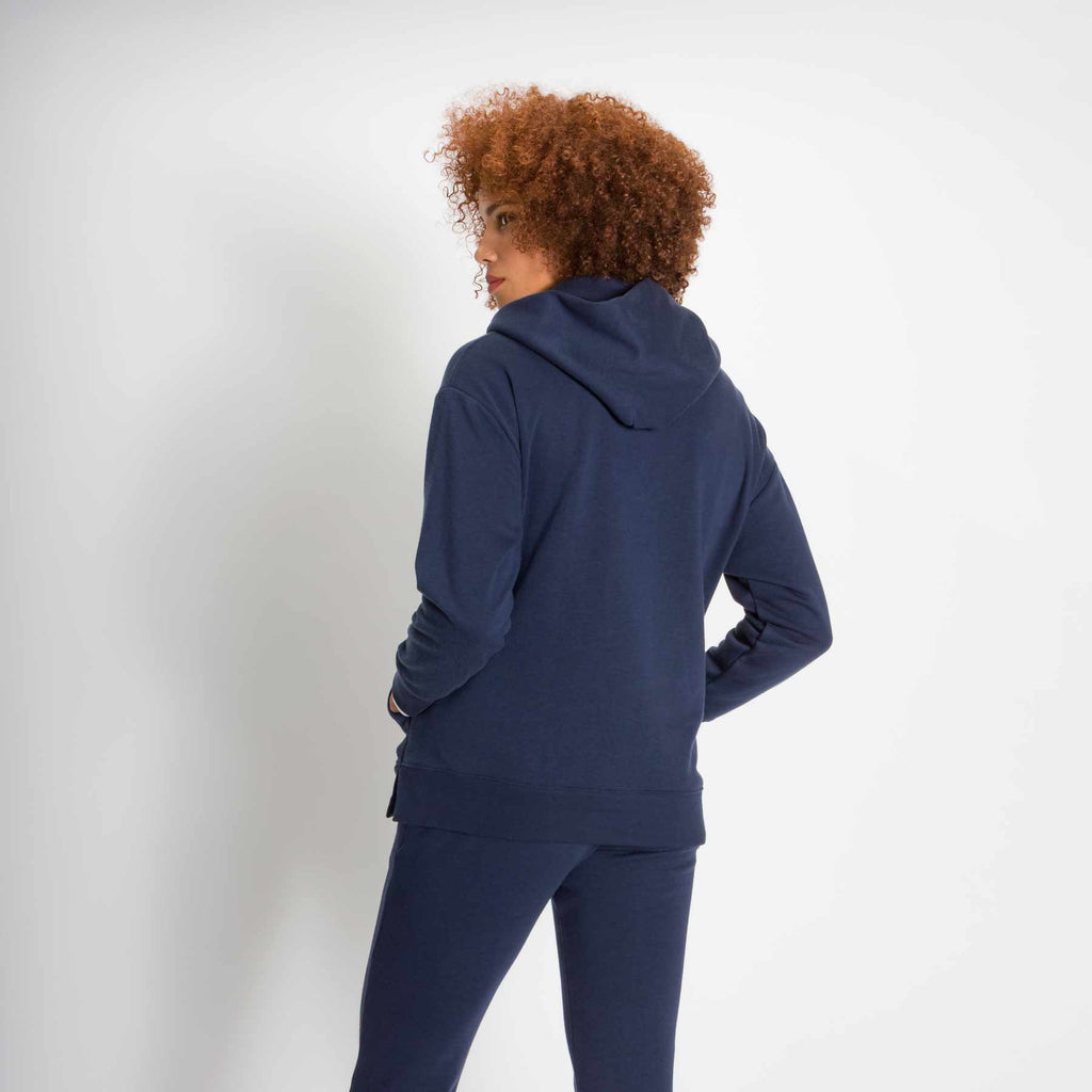 Sweatshirt - Women's Relaxed Hoodie in Navy Blue on model facing back