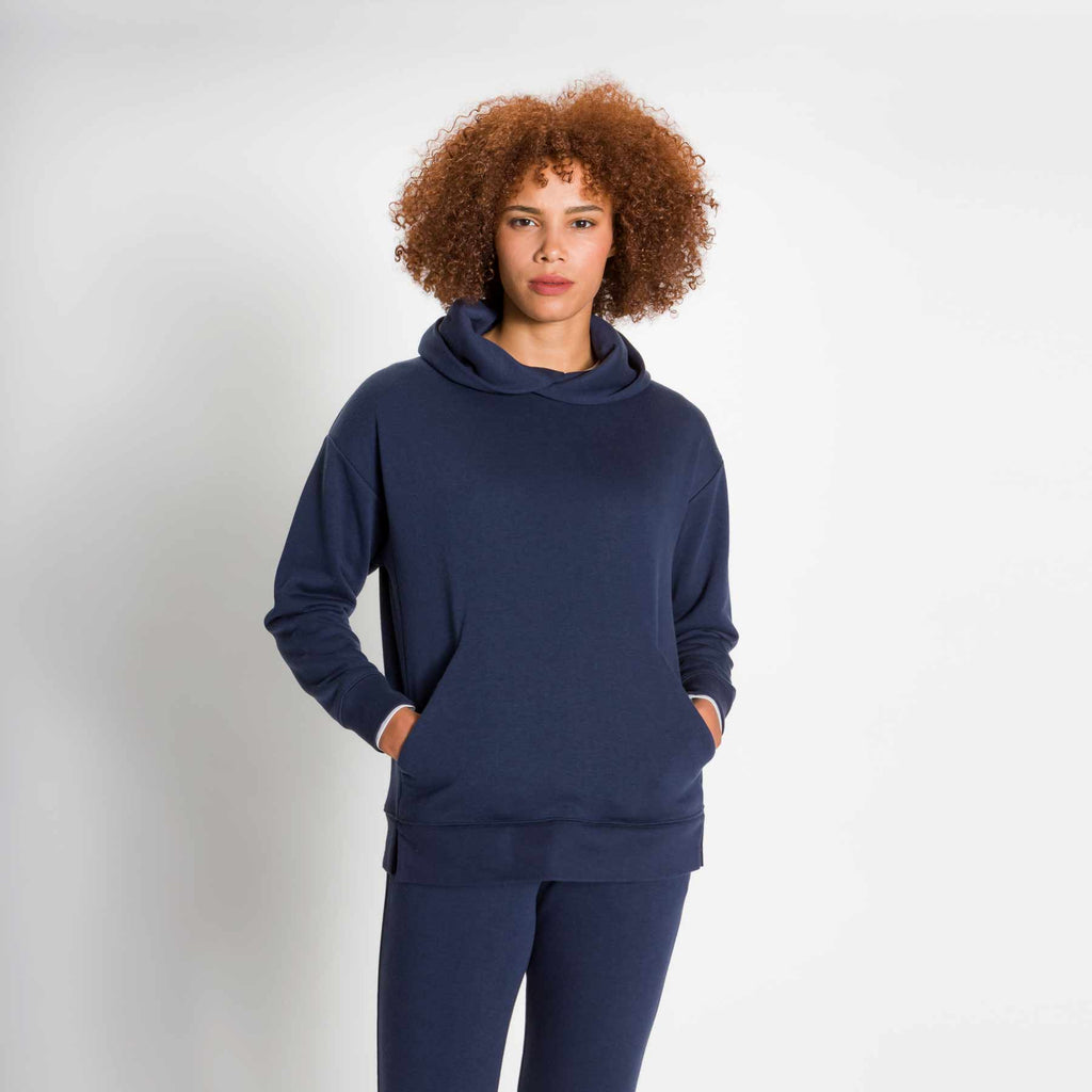 Sweatshirt - Women's Relaxed Hoodie in Navy Blue on model facing front