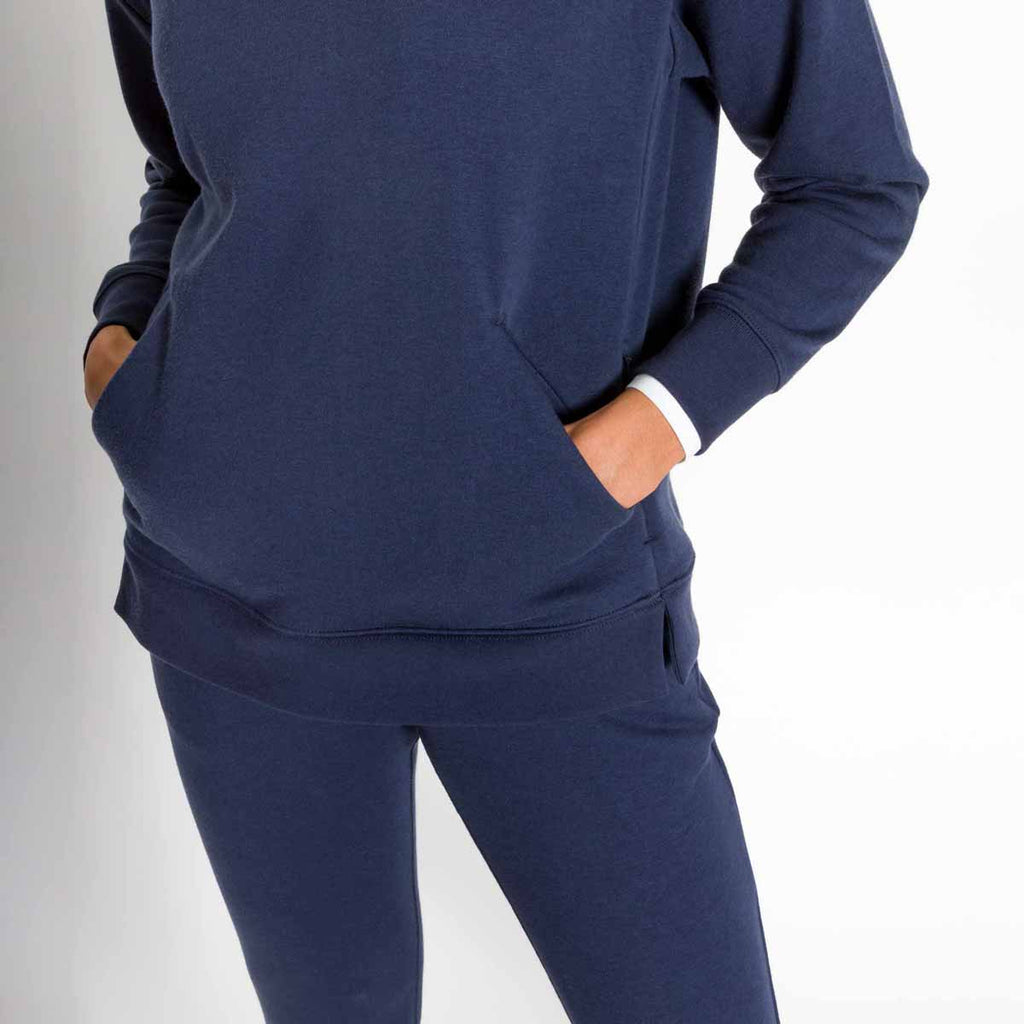 Sweatshirt - Women's Relaxed Hoodie in Navy Blue with hands in pocket