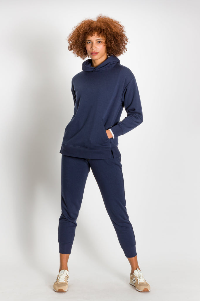 Sweatshirt and Sweatpants - Women's Relaxed Hoodie and Sweatpants in Navy Blue on model full body